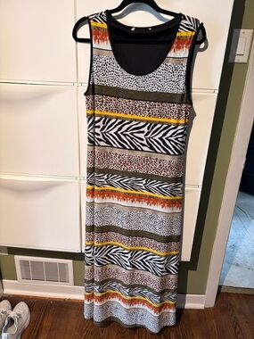 Sleeveless Animal-Print Maxi Dress in Black & White with Yellow Accents